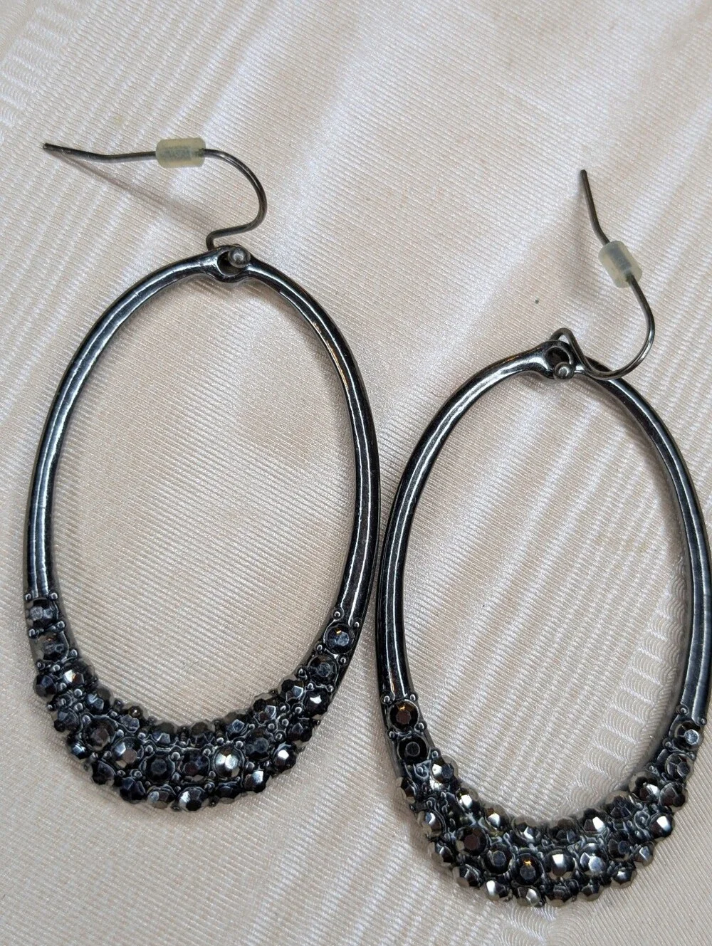 Dark Silver & Charcoal Crystsl Hoop Earrings Elongated Oval Dangle Pierced